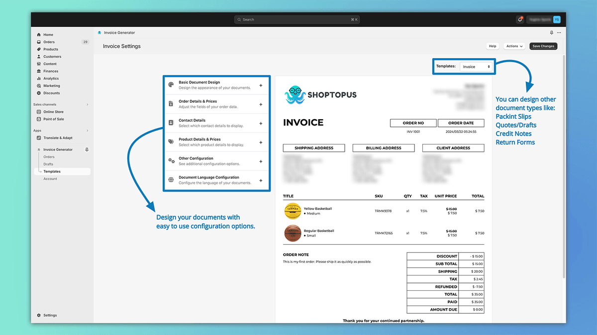 Shoptopus Invoice Generator app interface showing invoice settings and a generated PDF invoice